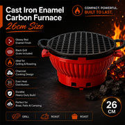 26cm Cast Iron Enamel Charcoal Grill Furnace with Grate - Red