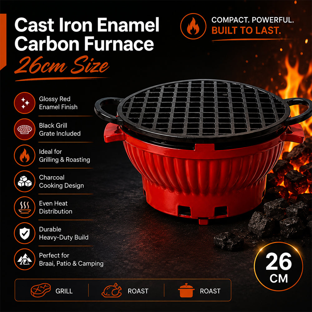 26cm Cast Iron Enamel Charcoal Grill Furnace with Grate - Red
