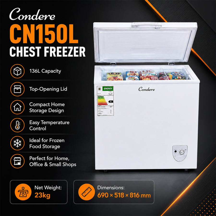 Condere 136L Compact Chest Freezer with Top-Opening Lid - White