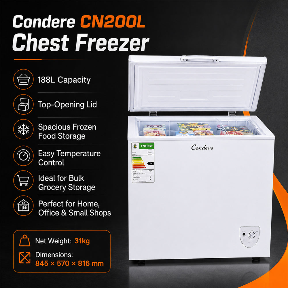 Condere 188L Chest Freezer with Top-Opening Lid - White