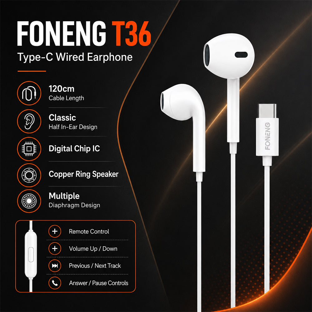 FONENG T36 Type-C Half In-Ear Wired Earphones