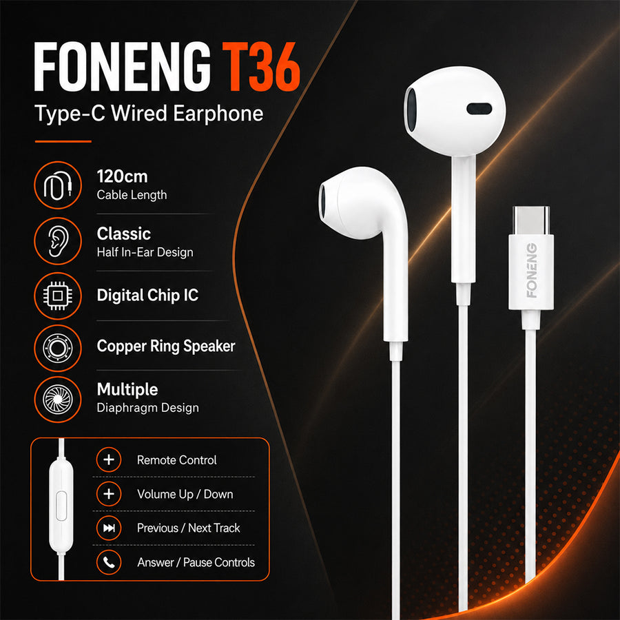 FONENG T36 Type-C Half In-Ear Wired Earphones