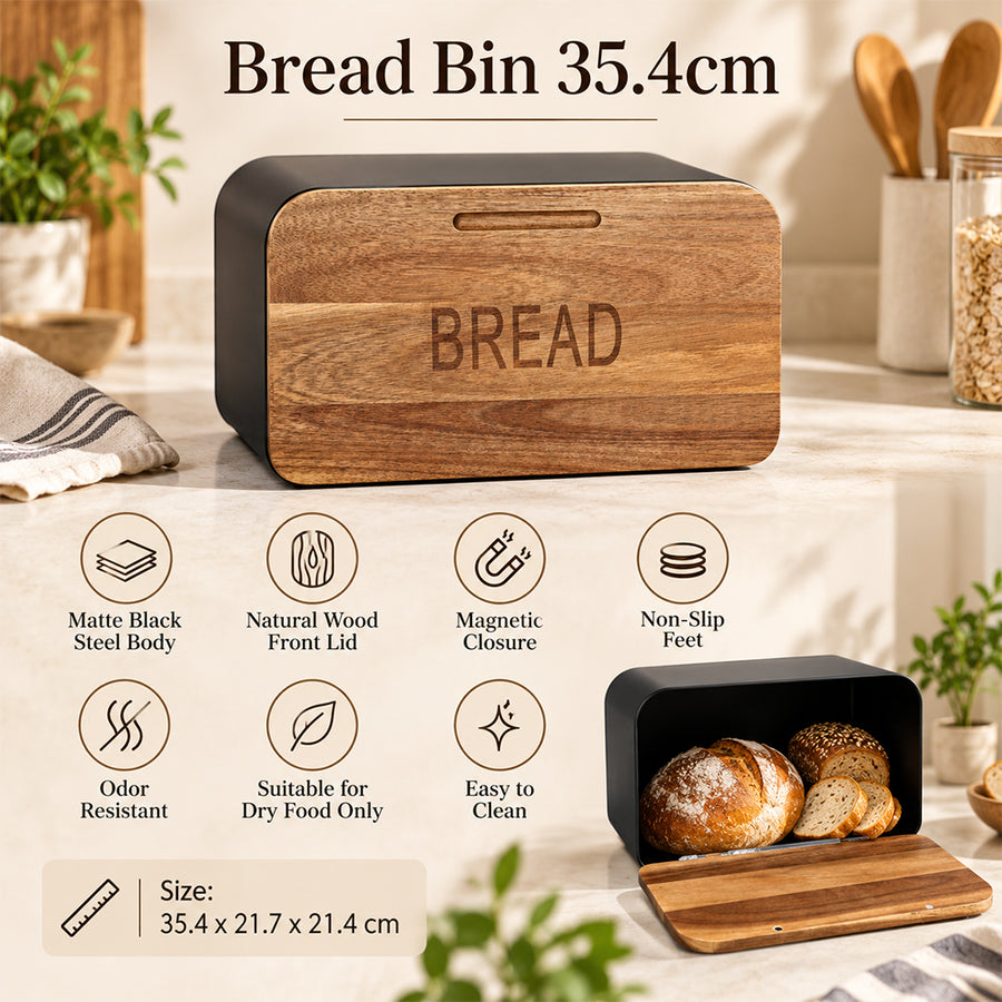 Stainless Steel Bread Bin with Wooden Lid 35.4cm