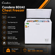 Condere 227L Chest Freezer with Top-Opening Lid - White