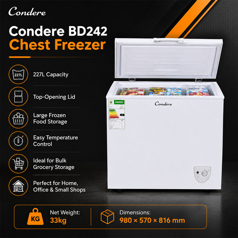 Condere 227L Chest Freezer with Top-Opening Lid - White