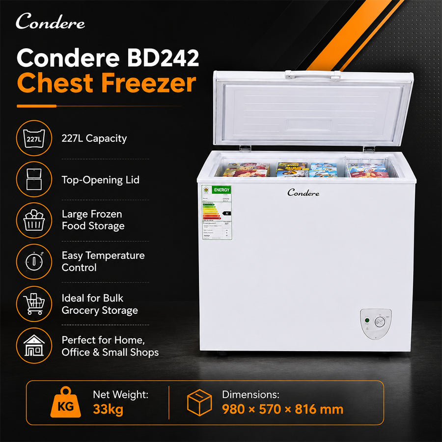 Condere 227L Chest Freezer with Top-Opening Lid - White