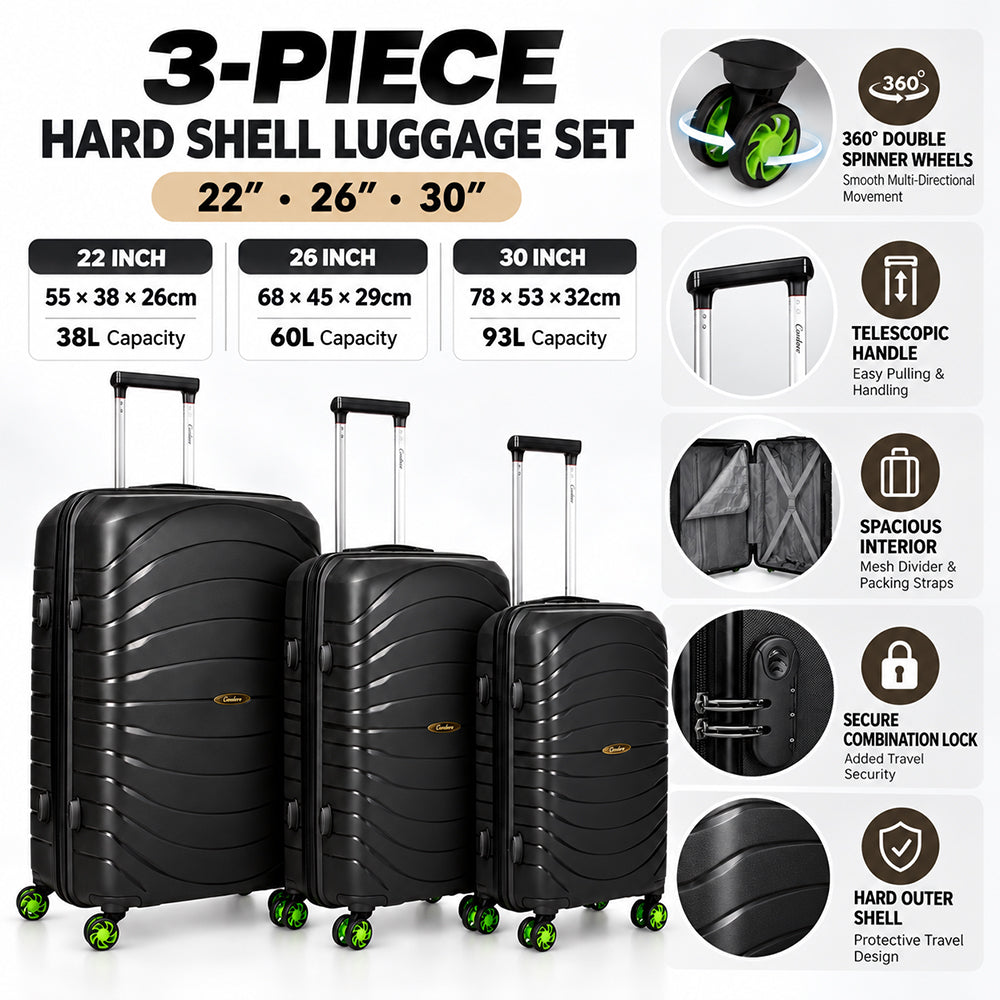 3-Piece Lightweight Hard Shell Travel Luggage Set - 22", 26" & 30"