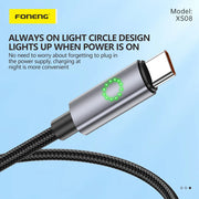 FONENG XS08 1.2m Green Light Braided Fast Charging Cable 60W / 27W