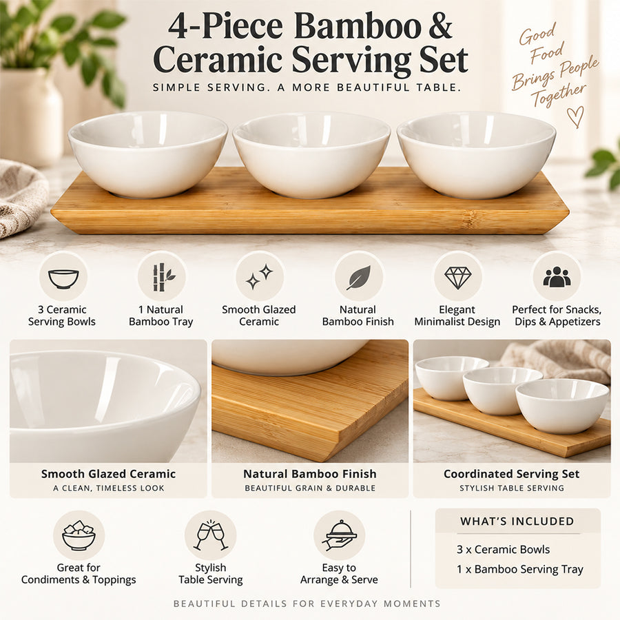 4-Piece Bamboo Tray & Ceramic Serving Bowl Set