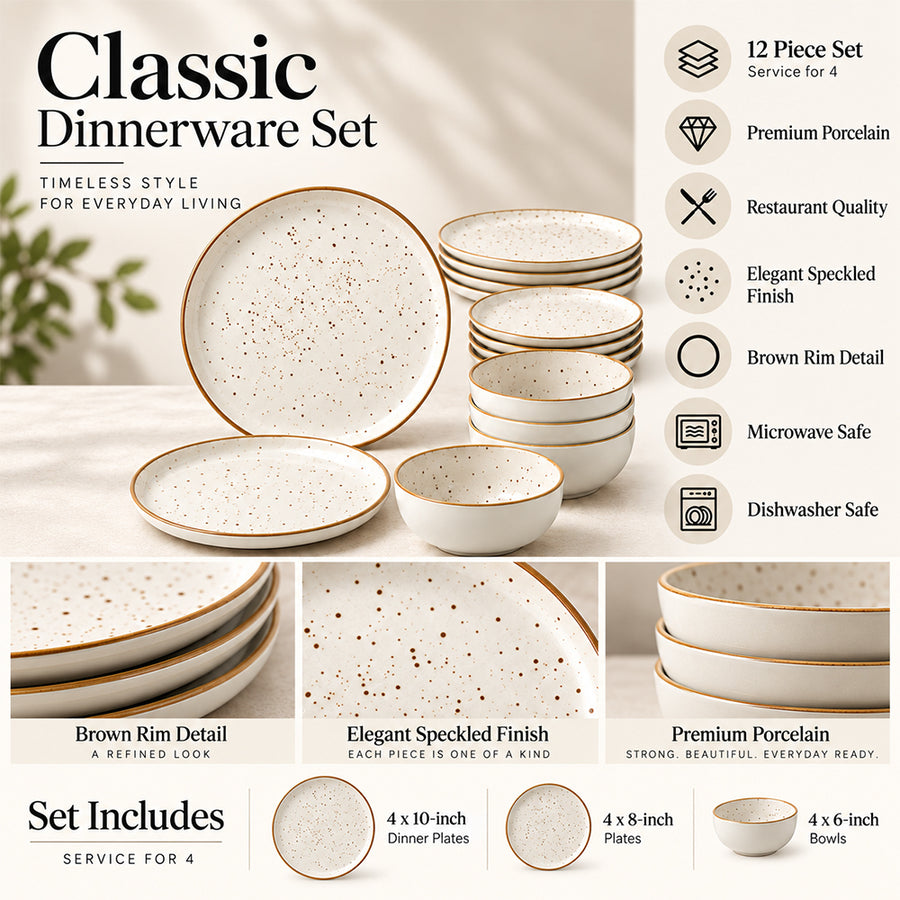 12-Piece Ivory Speckled Porcelain Dinnerware