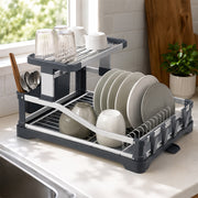 Aluminium 2-Tier Fold Flat Dish Drying Rack with Utensil Holder - Silver & Grey