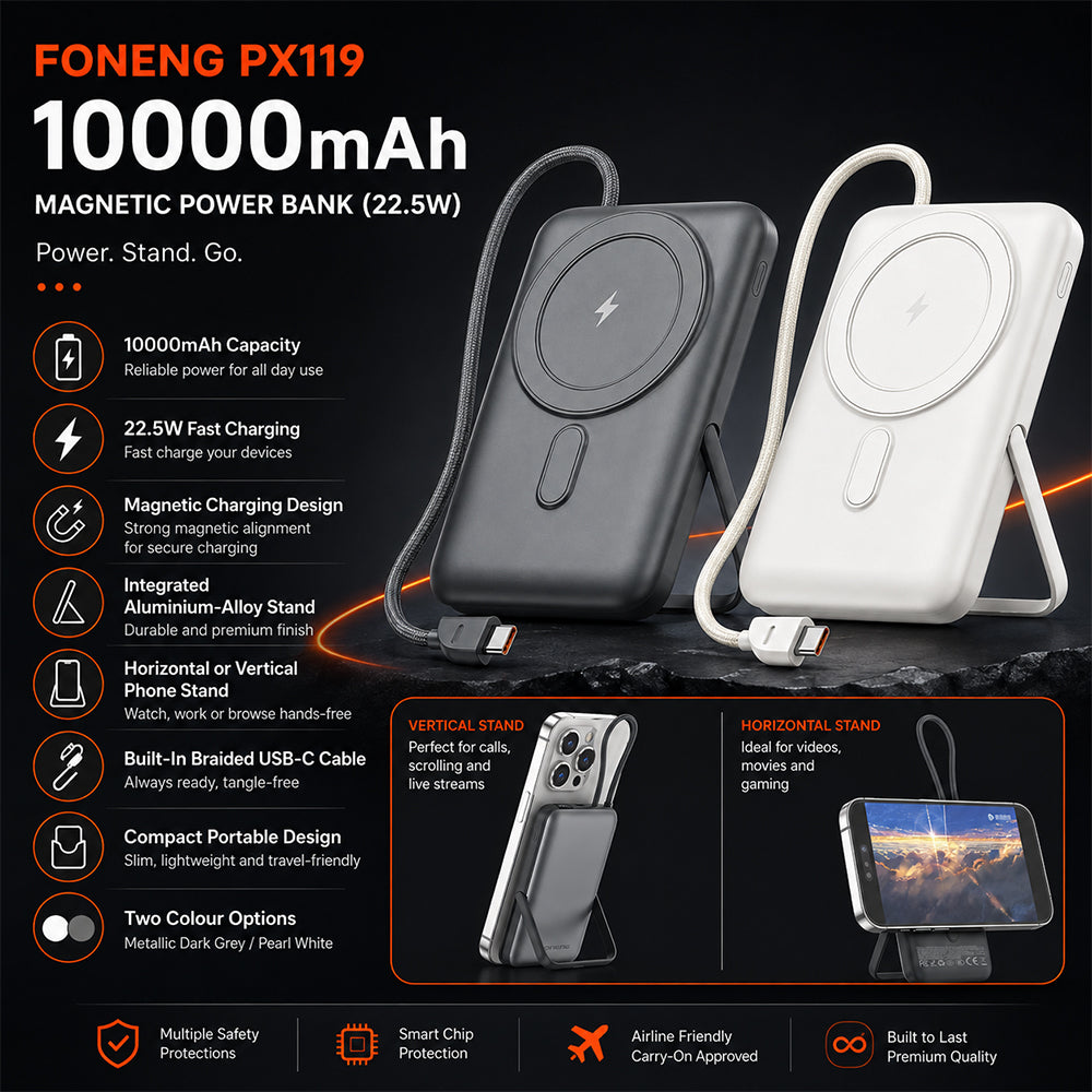 FONENG 10000mAh 22.5W Magnetic Wireless Power Bank with Built-In Cable & Stand