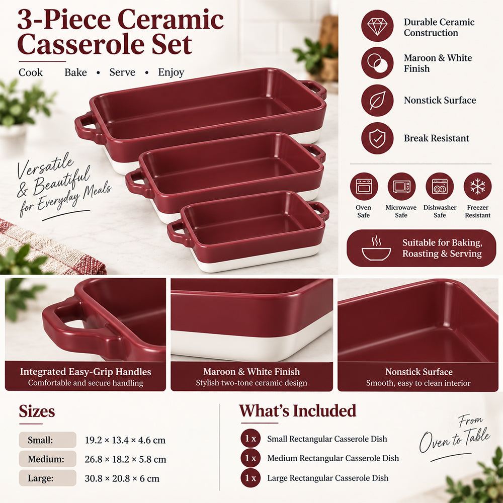 3-Piece Rectangular Ceramic Casserole Bakeware Set