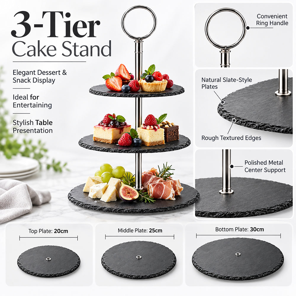 3-Tier Black Stoneware Cake & Dessert Stand - 30cm
