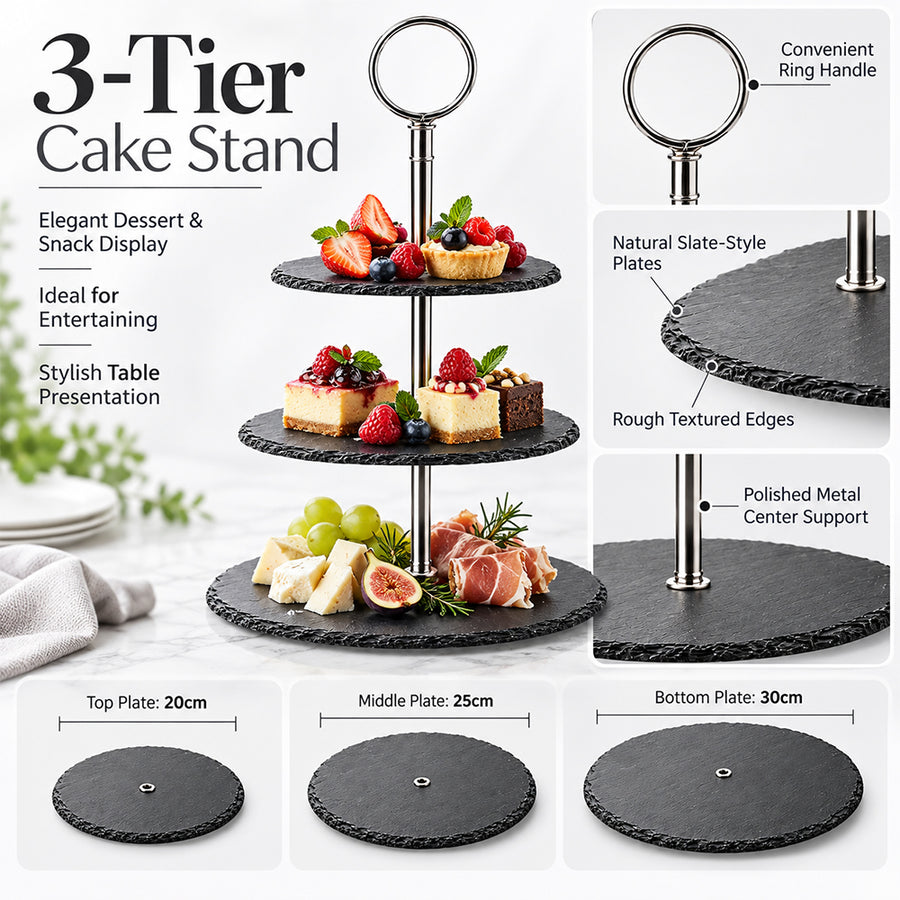 3-Tier Black Stoneware Cake & Dessert Stand - 30cm