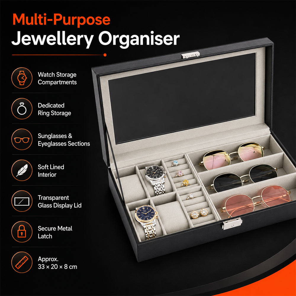 Jewellery, Watch & Sunglasses Storage Display Box with Glass Lid