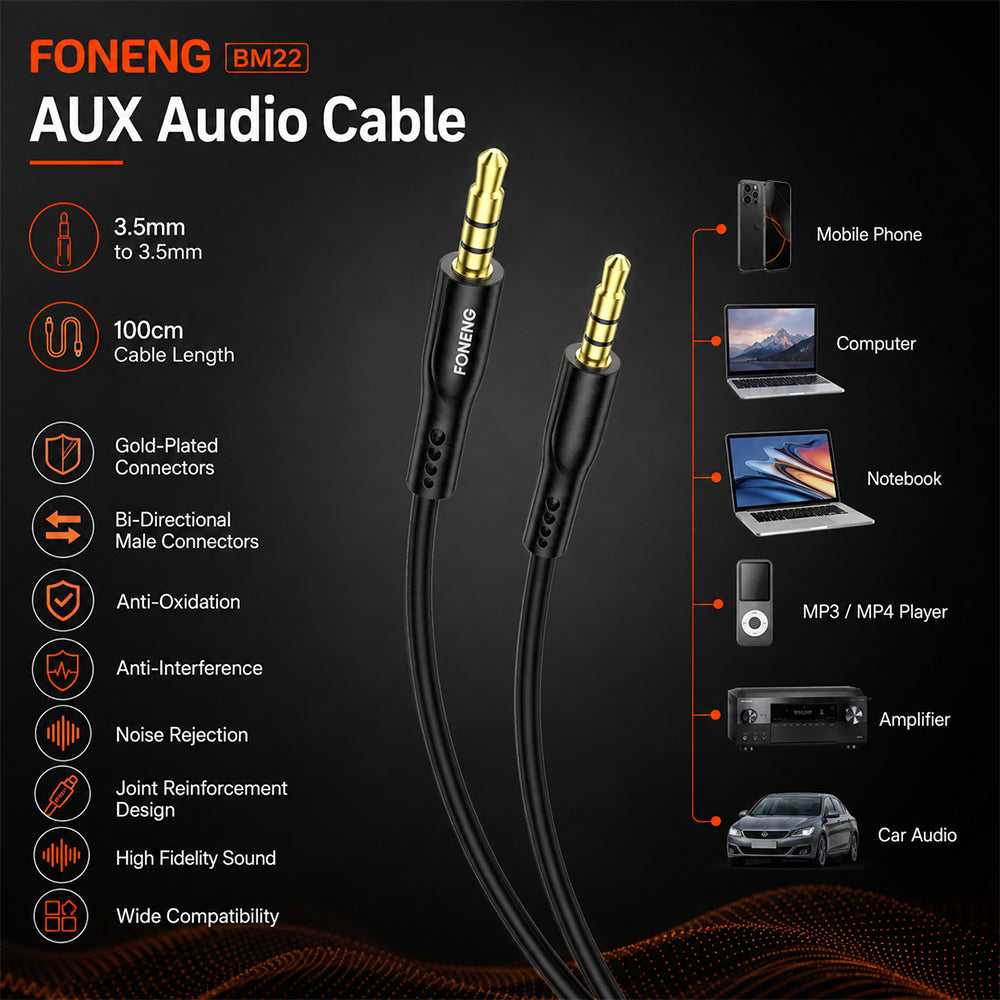 FONENG 3.5mm AUX Audio Cable 1m with Gold-Plated Connectors