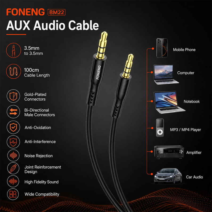 FONENG 3.5mm AUX Audio Cable 1m with Gold-Plated Connectors