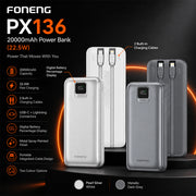 FONENG 20000mAh 22.5W Fast Charging Power Bank with 2 Built-In Cables