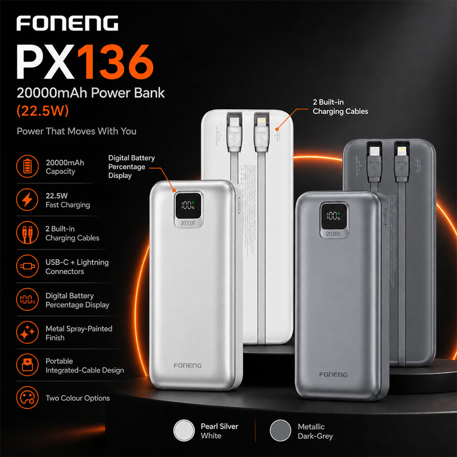 FONENG 20000mAh 22.5W Fast Charging Power Bank with 2 Built-In Cables