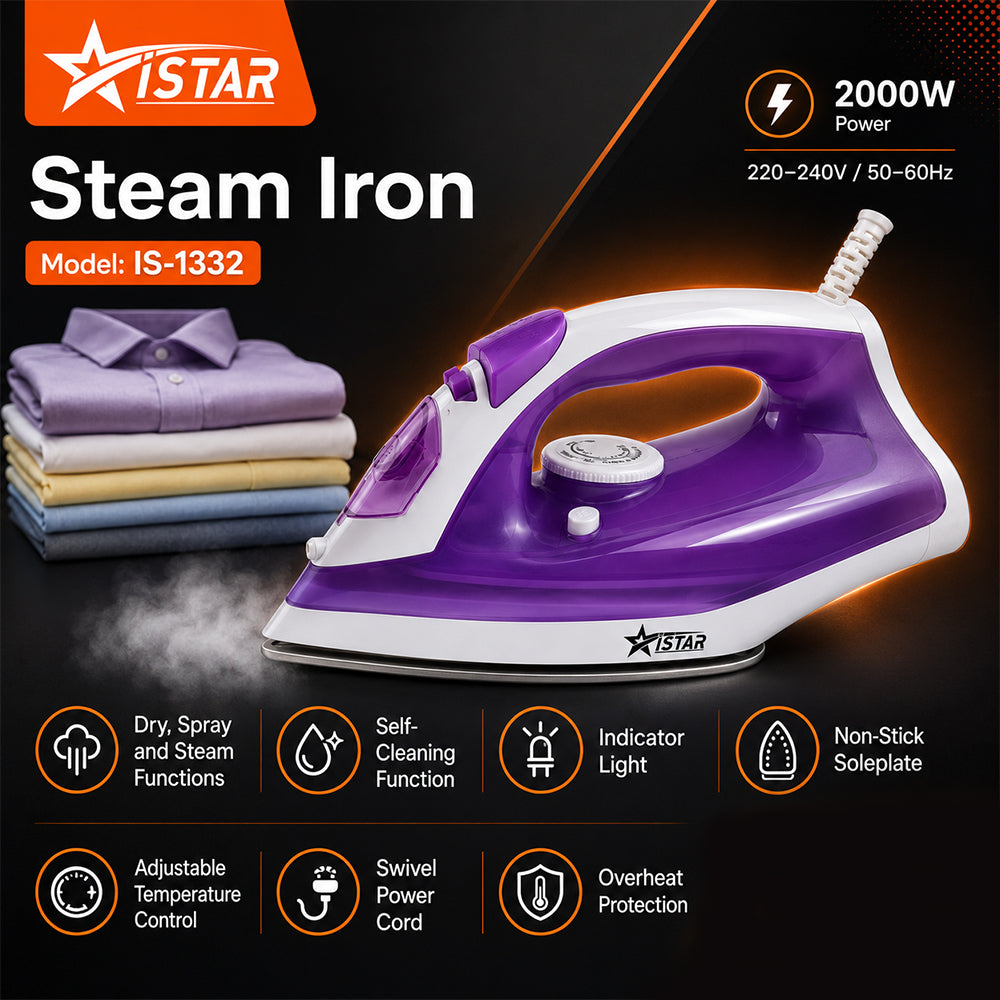 iStar 2000W Steam Iron with Non-Stick Soleplate - Purple & White