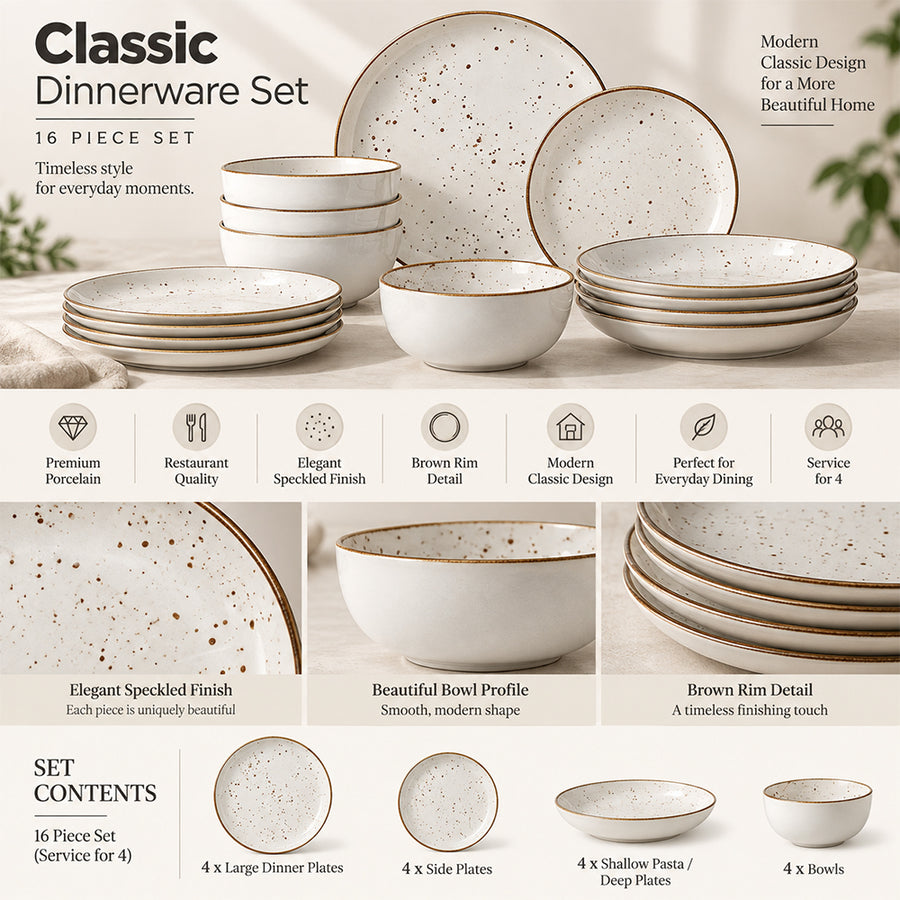 16-Piece Ivory Speckled Porcelain Dinnerware Set