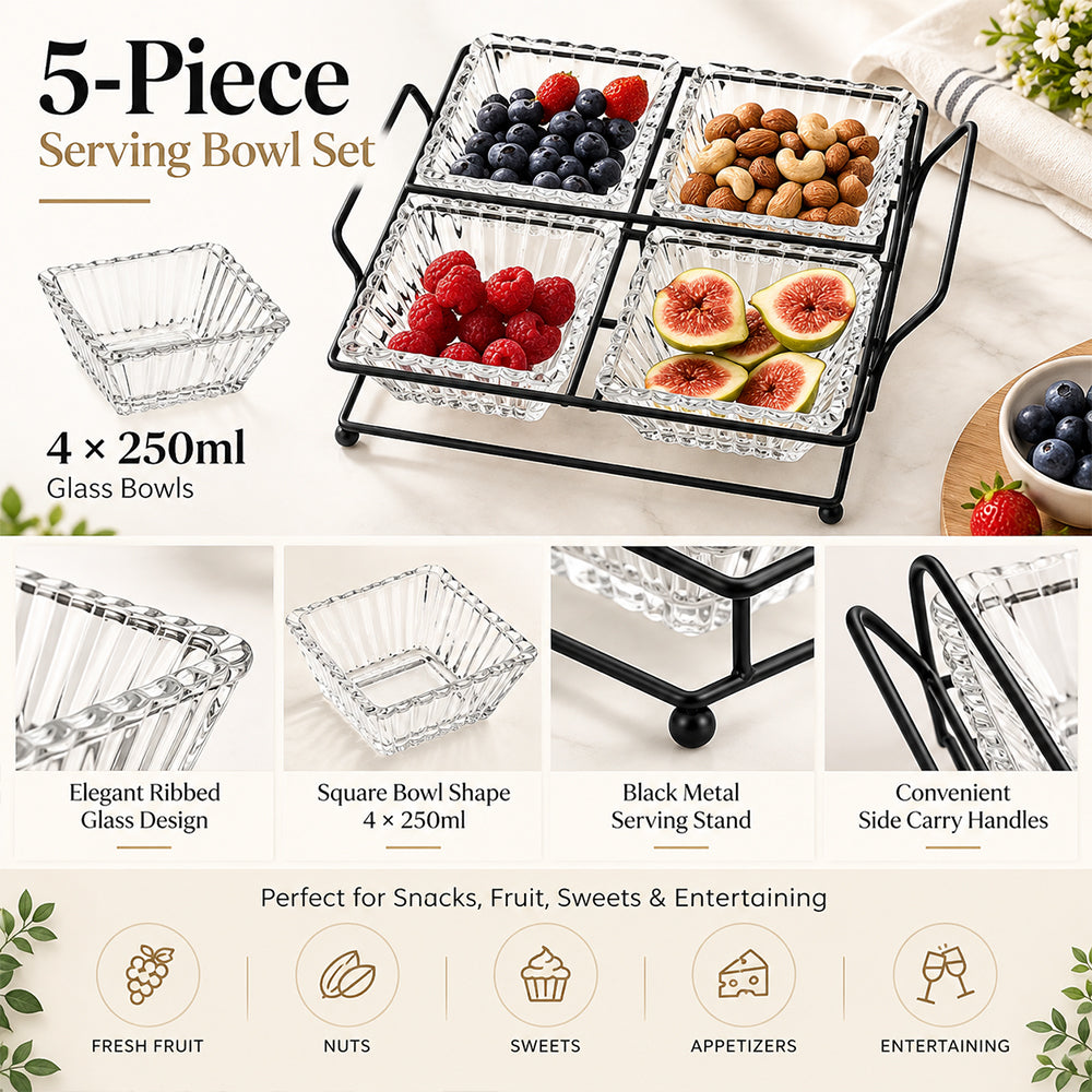 5-Piece Glass Serving Bowl Set with Metal Stand - 250ml