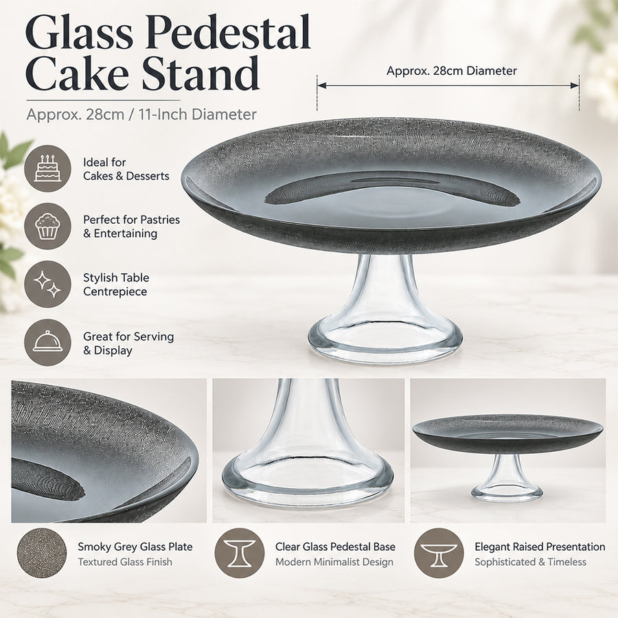 Smoky Grey Glass Pedestal Cake Stand - 28cm