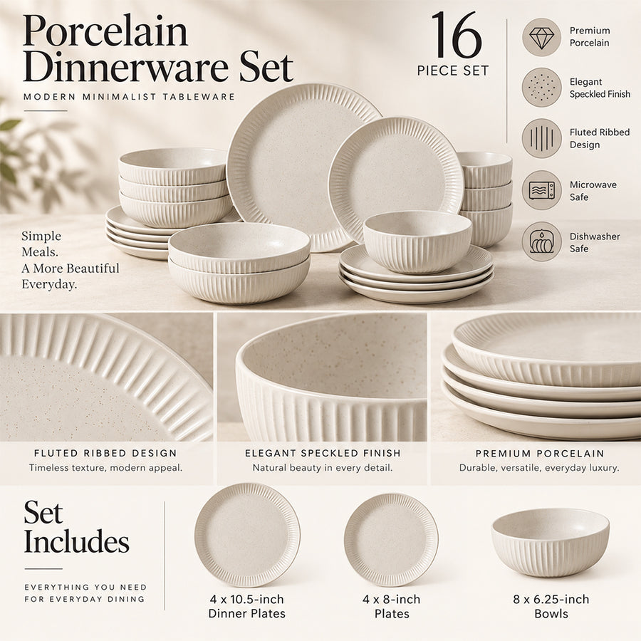 16-Piece Ivory Speckled Porcelain Dinnerware