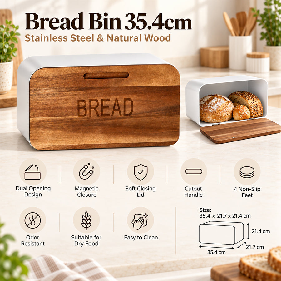 Stainless Steel Bread Bin with Wooden Lid 35.4cm