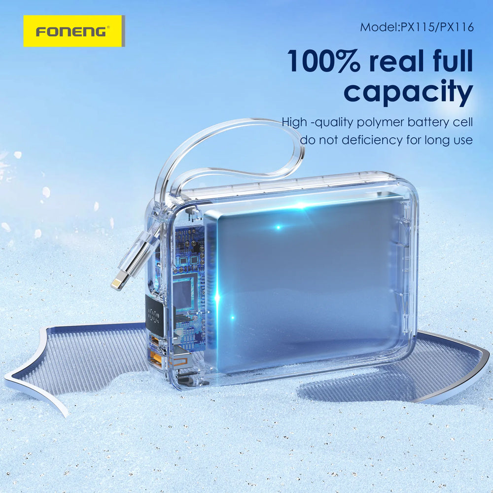 FONENG PX116 20000mAh 22.5W Power Bank with Built-In Cables
