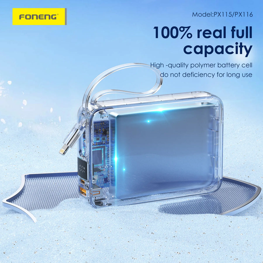 FONENG PX116 20000mAh 22.5W Power Bank with Built-In Cables