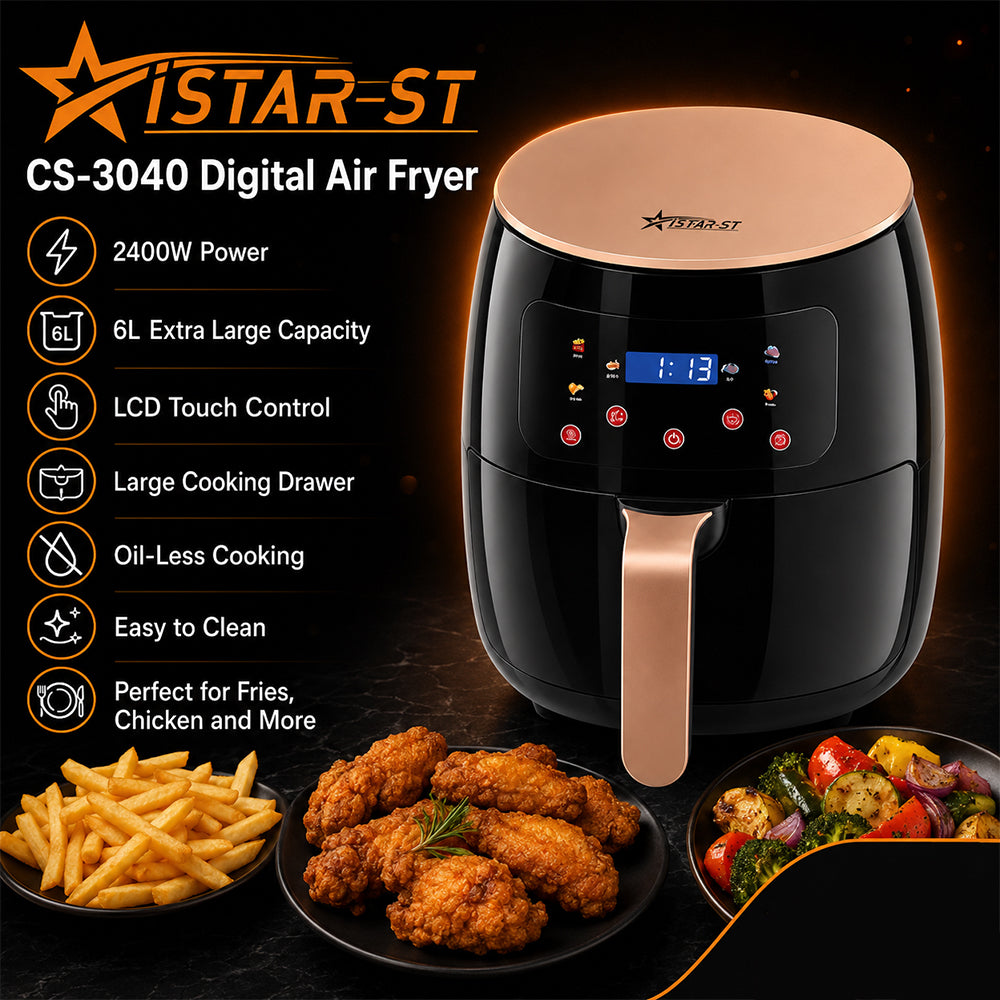 iStar-ST 6L Digital Air Fryer 2400W with LCD Touch Control - Black & Gold