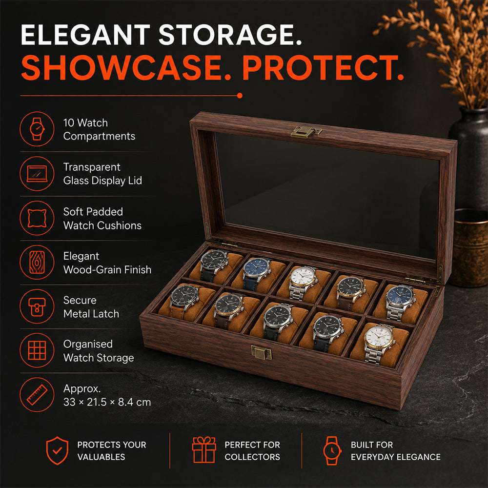 10-Slot Wooden Watch Storage Box with Glass Display Lid
