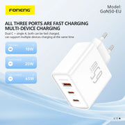 FONENG 65W 3-Port GaN Fast Charger with Type-C to Type-C Cable