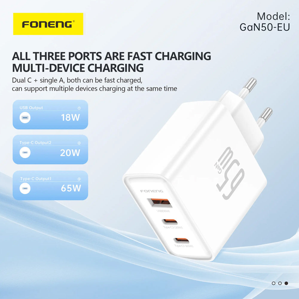 FONENG 65W 3-Port GaN Fast Charger with Type-C to Type-C Cable