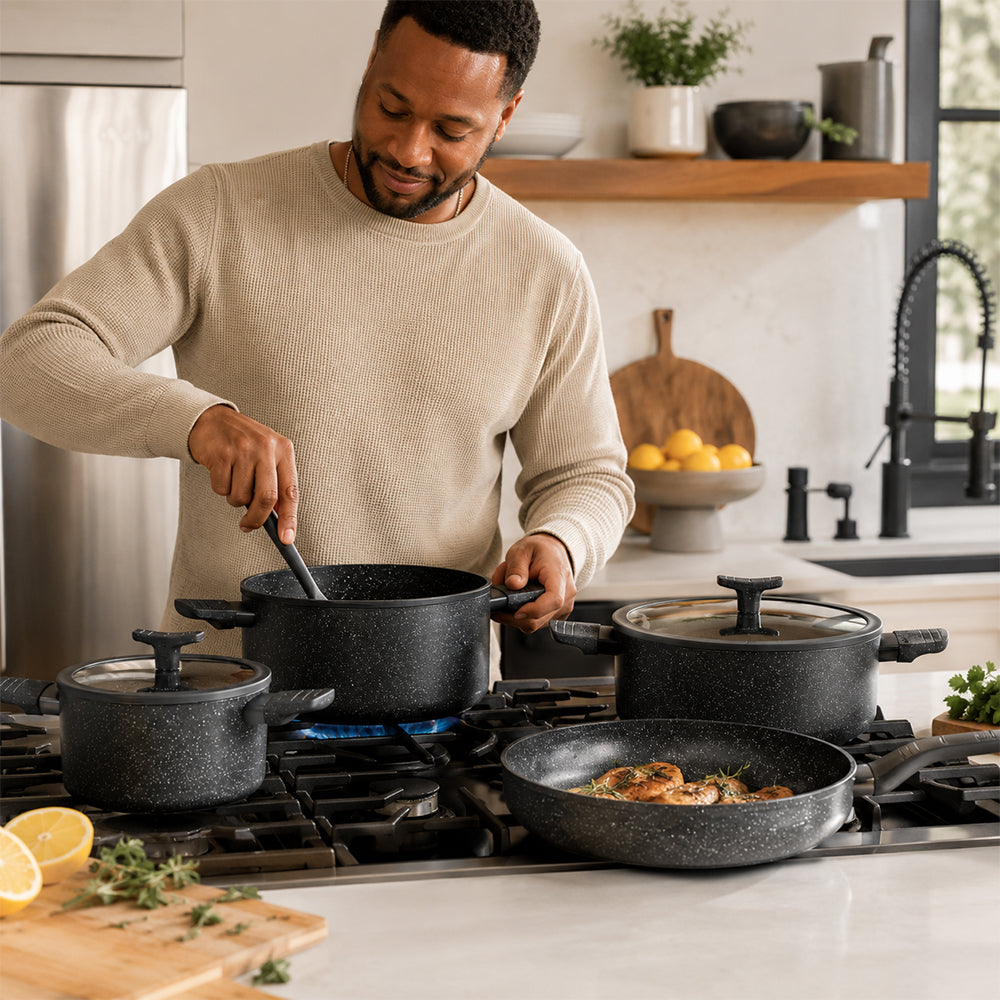 11-Piece Granite Cookware Set with Glass Lids and Cooking Utensils