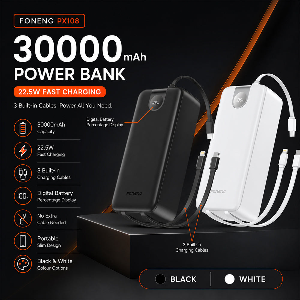 FONENG 30000mAh 22.5W Fast Charging Power Bank with 3 Built-In Cables