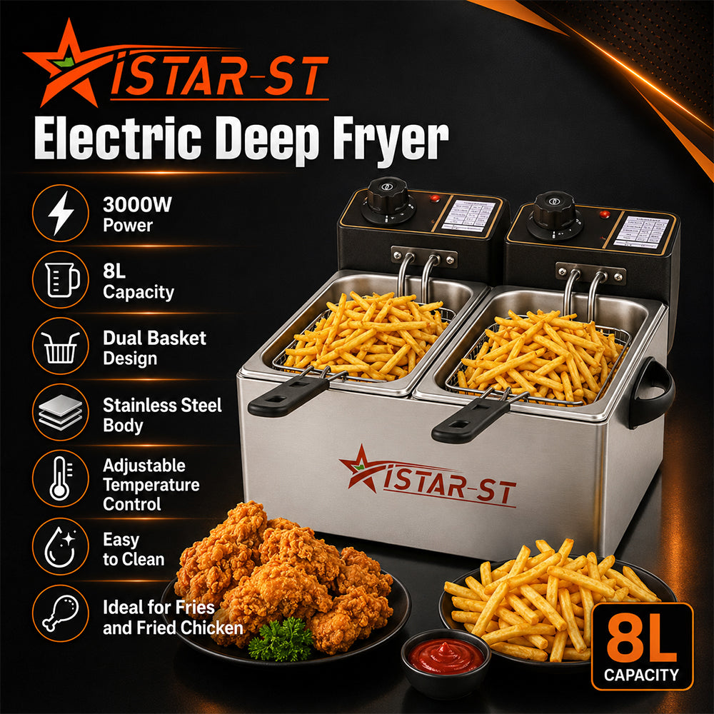 8L Dual Basket Electric Deep Fryer 3000W with Adjustable Temperature Control
