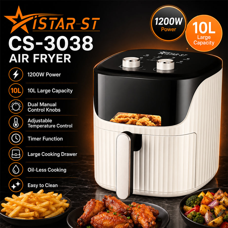 iStar-ST 10L Manual Air Fryer 1200W with Timer - White & Black