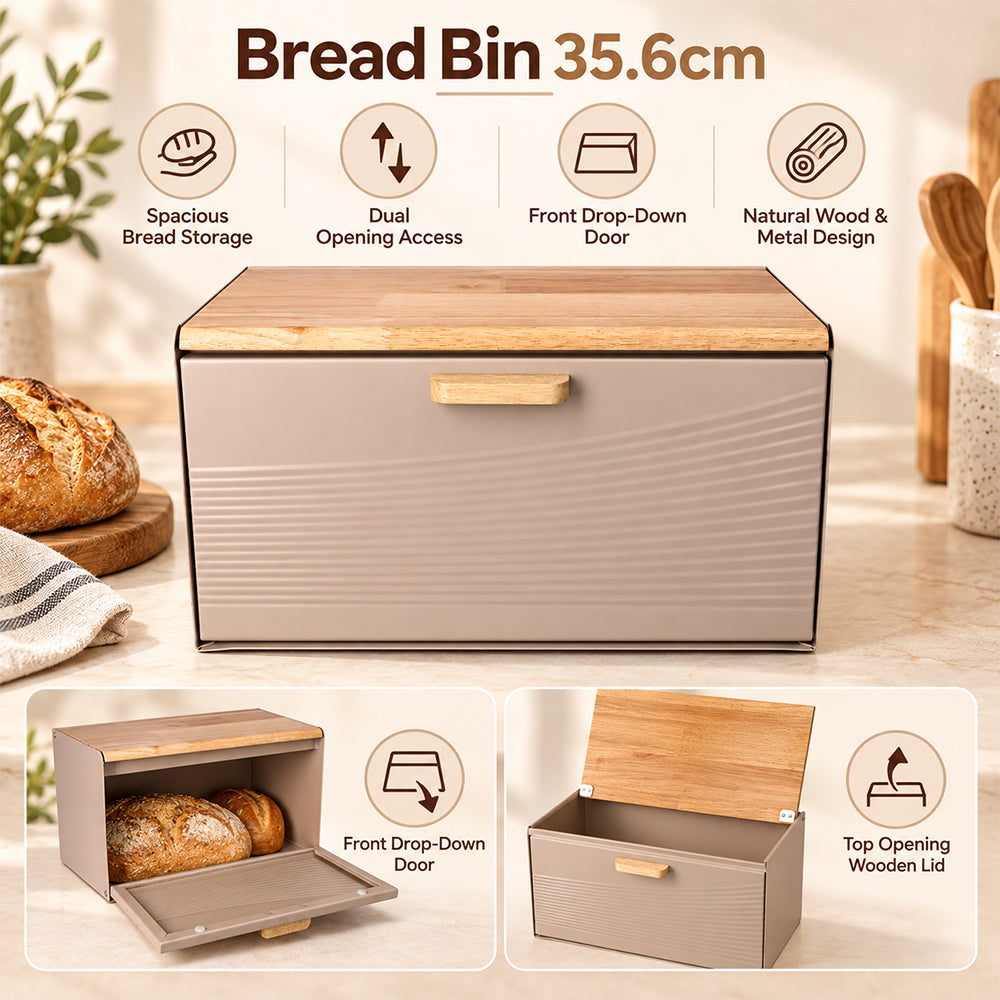 Stainless Steel Bread Bin with Wooden Lid 35.6cm