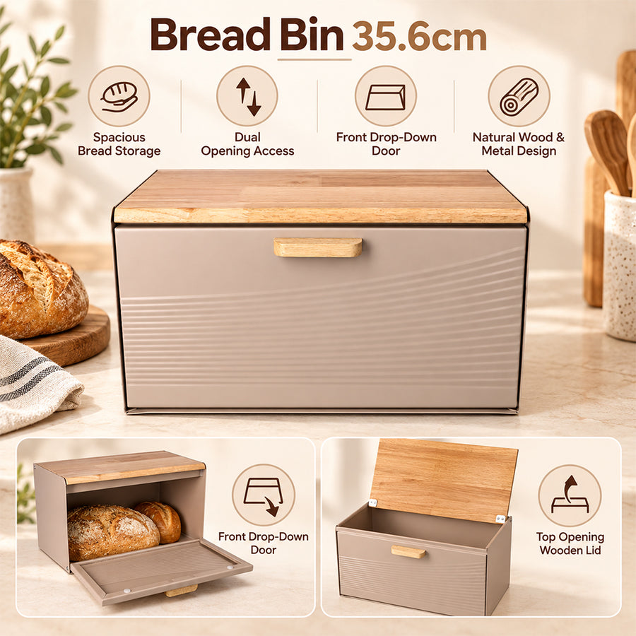 Stainless Steel Bread Bin with Wooden Lid 35.6cm