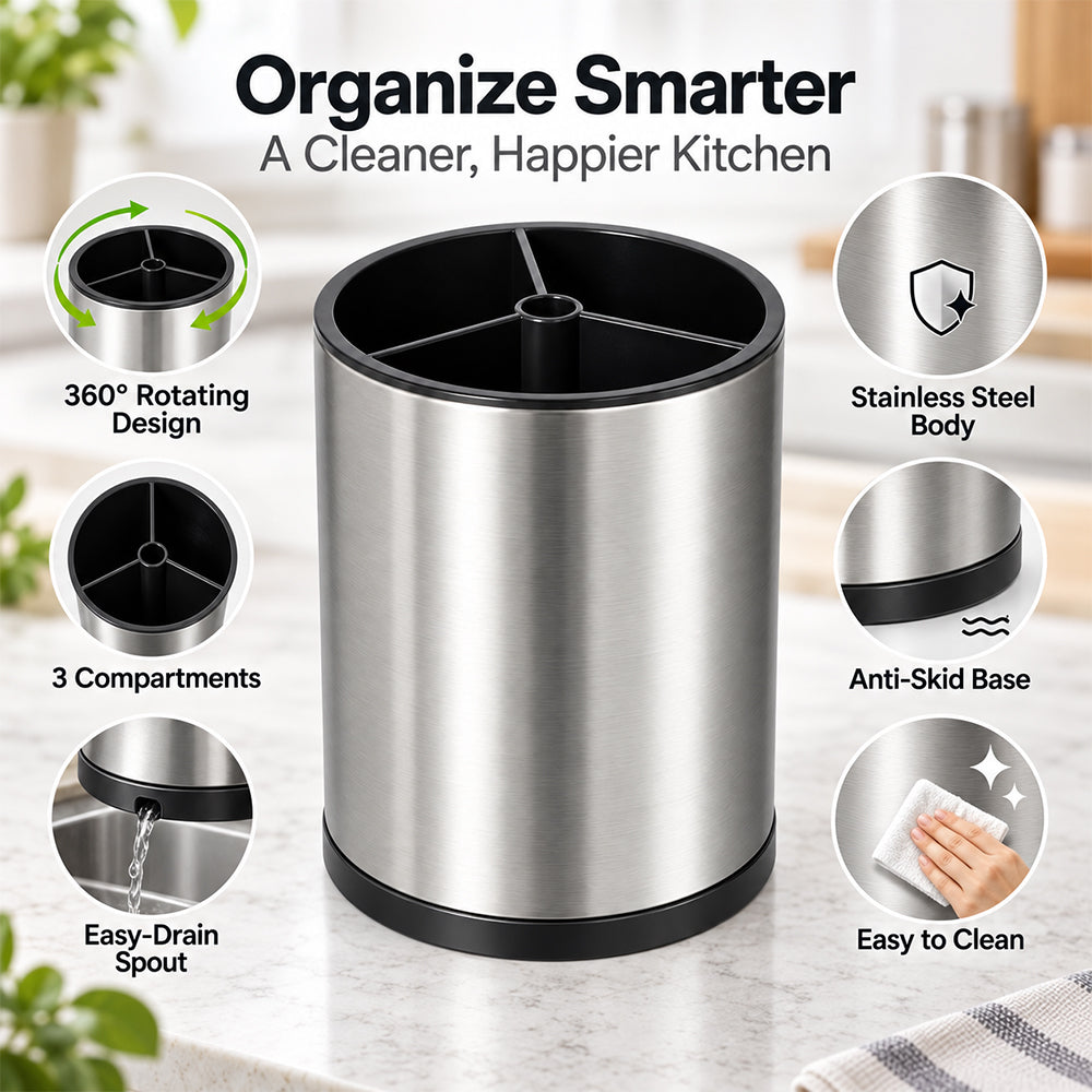360° Rotating Cutlery & Utensil Holder with Drainage - 16cm