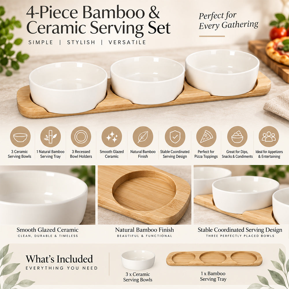 4-Piece Bamboo Tray & Ceramic Serving Bowl Set