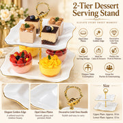2-Tier Opal Glass Dessert Serving Stand with Gold Rim - 12 Inch