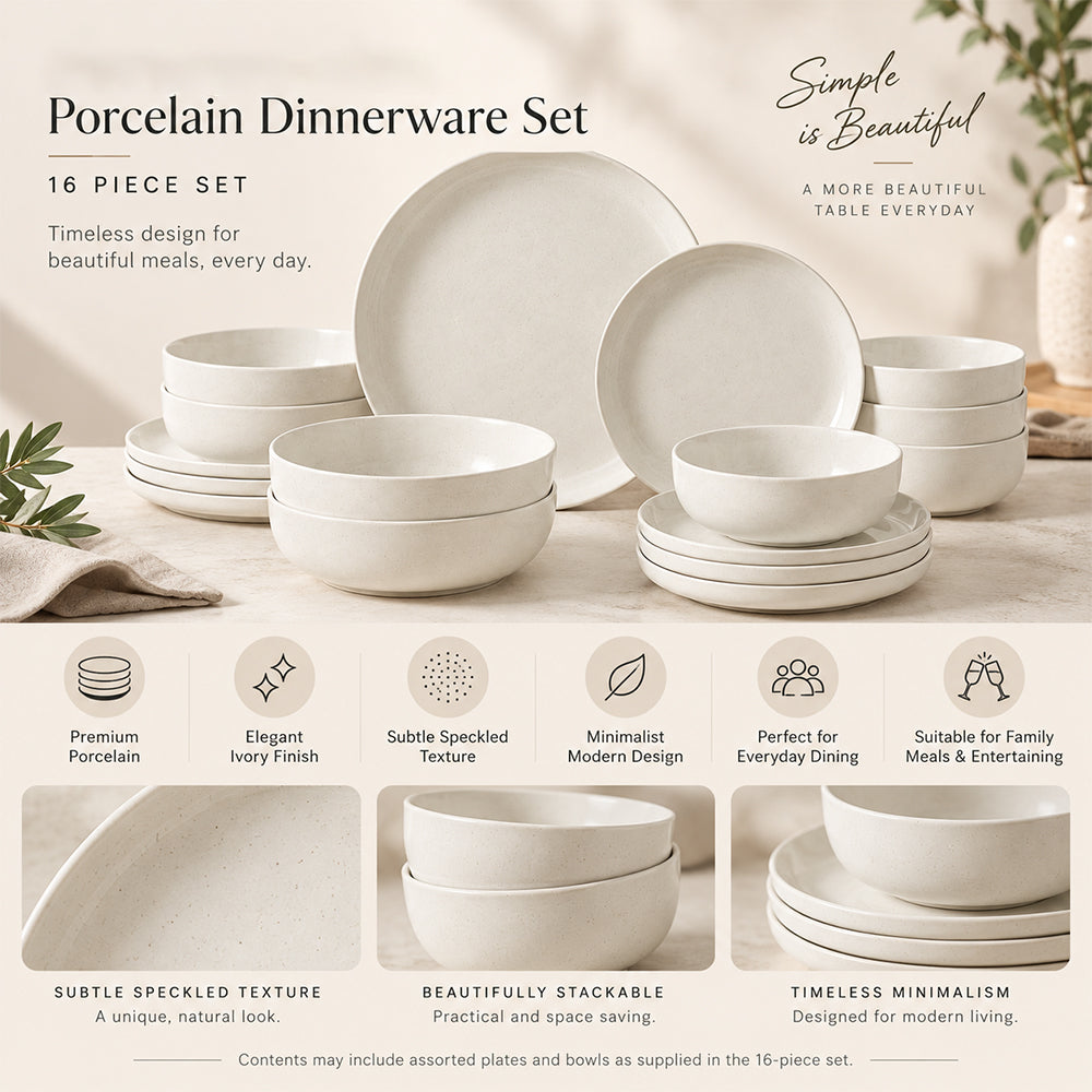 16-Piece Ivory Speckled Porcelain Dinnerware