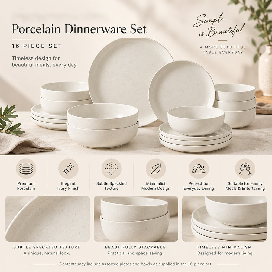 16-Piece Ivory Speckled Porcelain Dinnerware