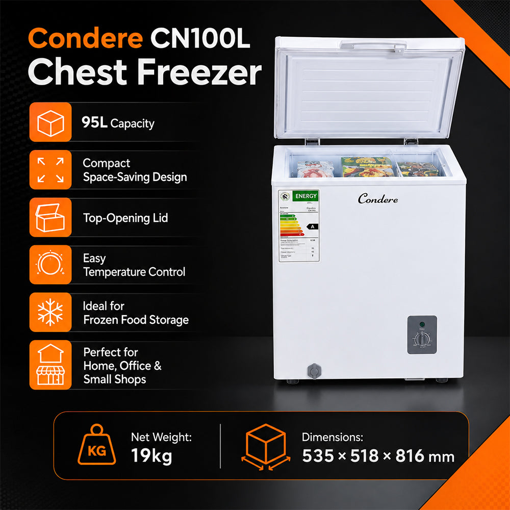 Condere 95L Compact Chest Freezer with Top-Opening Lid - White