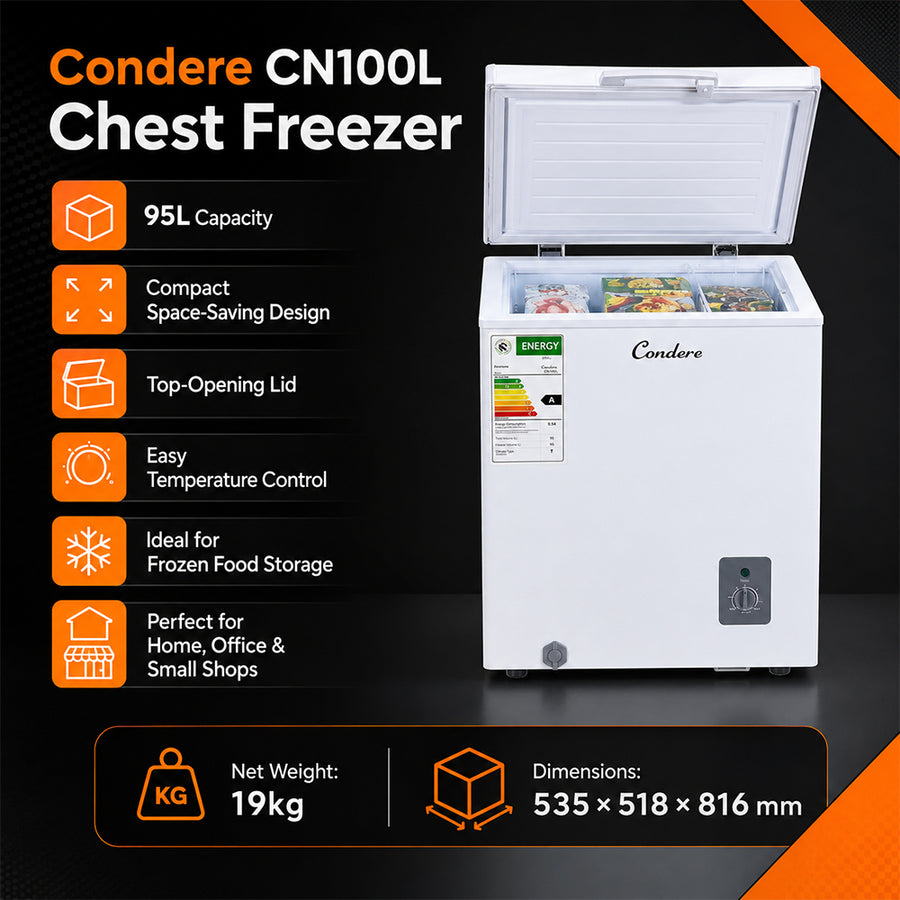 Condere 95L Compact Chest Freezer with Top-Opening Lid - White
