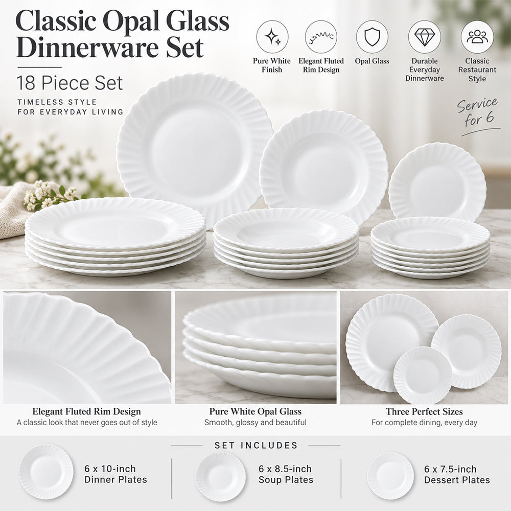 18-Piece White Opal Glass Dinnerware Set